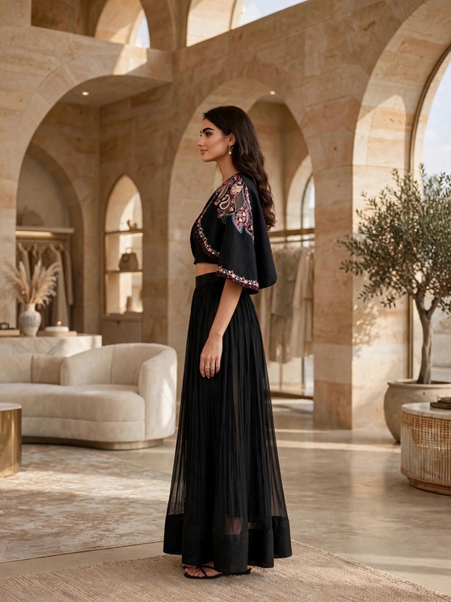 Black Embroidered Crop Top, Skirt and Jacket 3-Piece Set