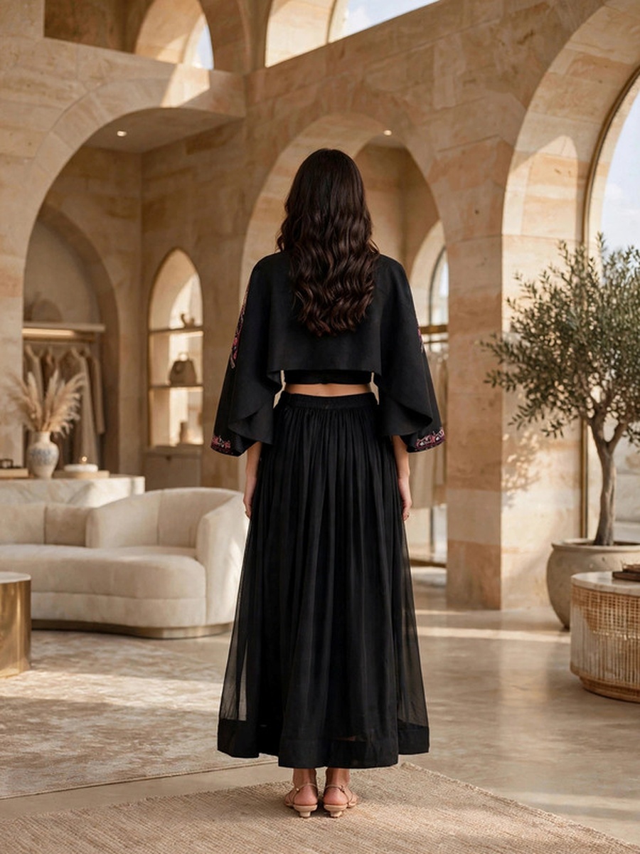Black Embroidered Crop Top, Skirt and Jacket 3-Piece Set