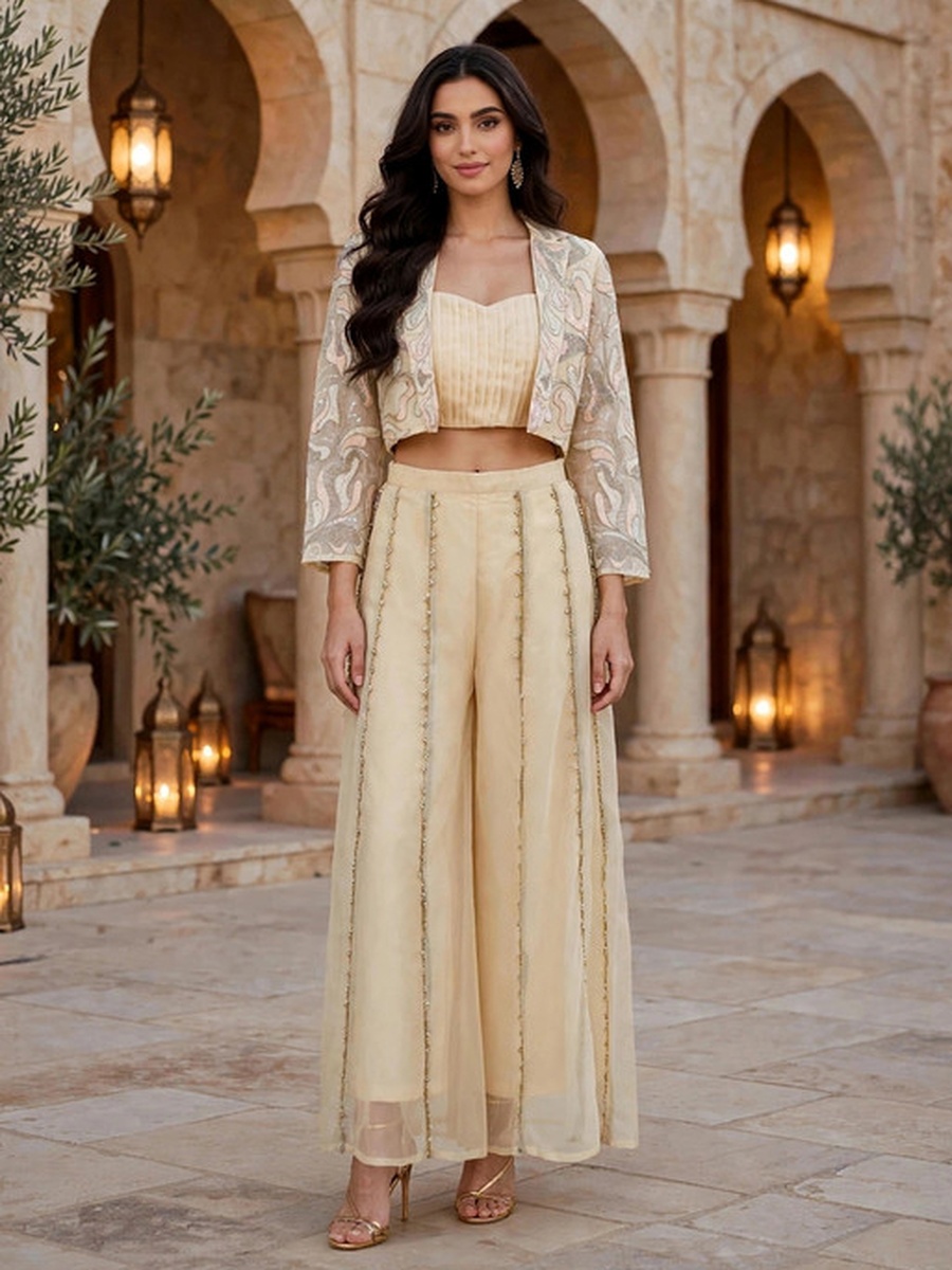 Beige Embroidered Crop Top, Pants and Jacket 3-Piece Set