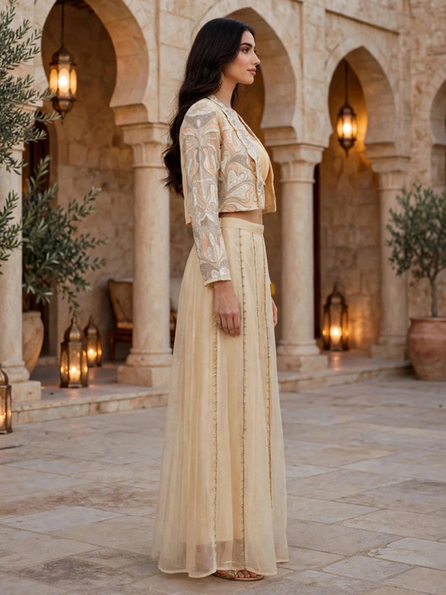 Beige Embroidered Crop Top, Pants and Jacket 3-Piece Set