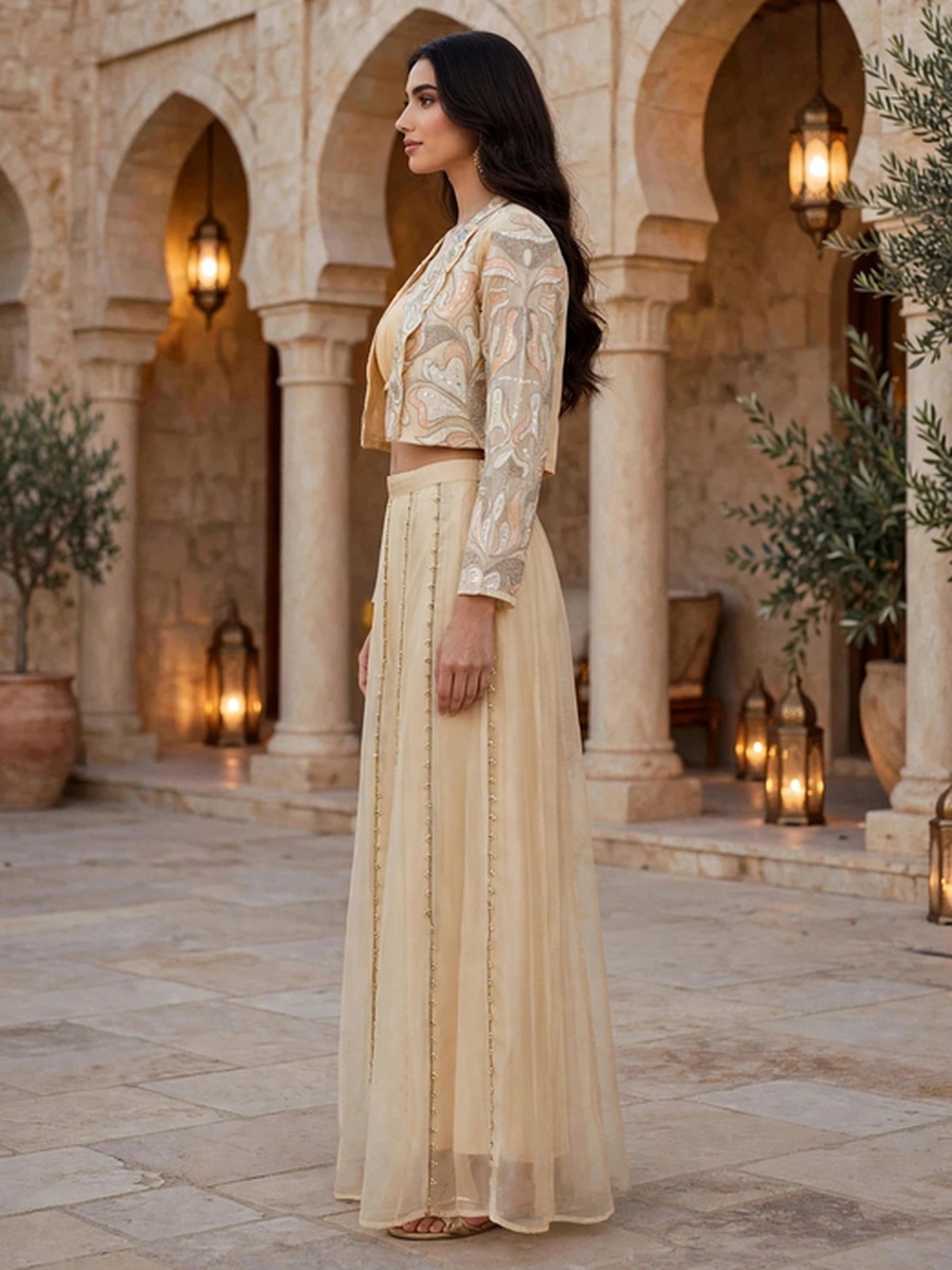 Beige Embroidered Crop Top, Pants and Jacket 3-Piece Set