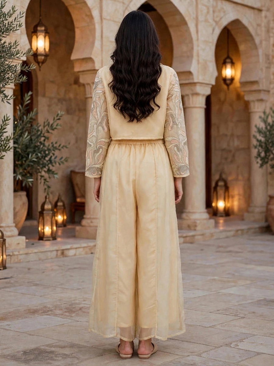 Beige Embroidered Crop Top, Pants and Jacket 3-Piece Set
