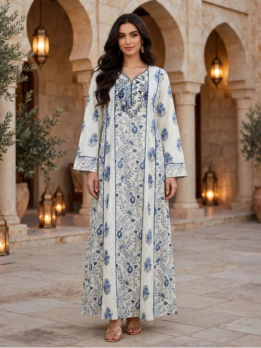 Floral Print Jalabiya with Piping Detail