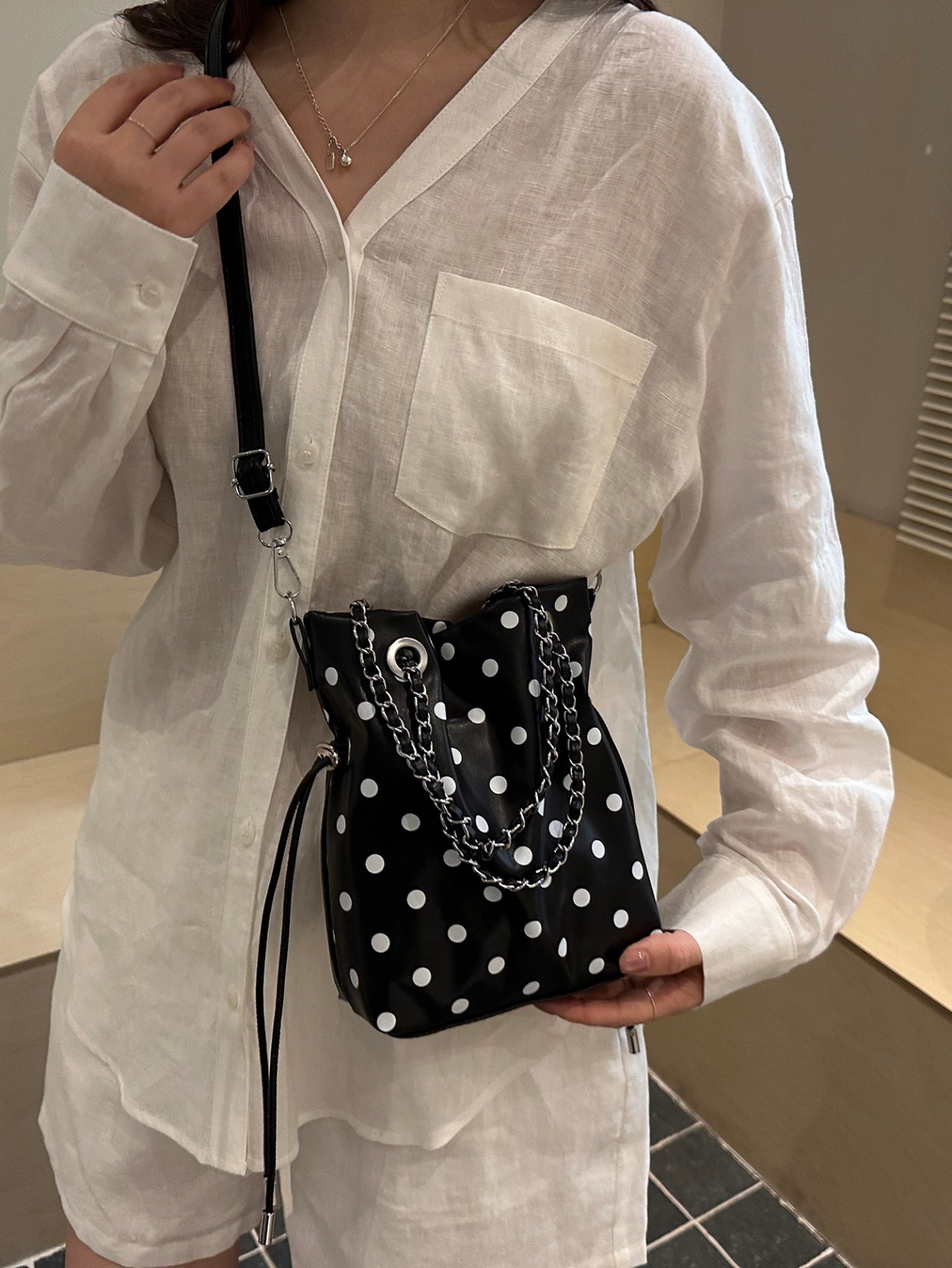 Black Polka Dot Drawstring Crossbody Bag
