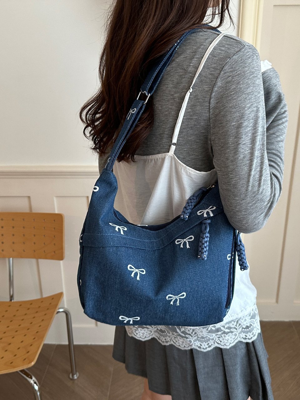 Dark Blue Bow Pattern Denim Shoulder Bag