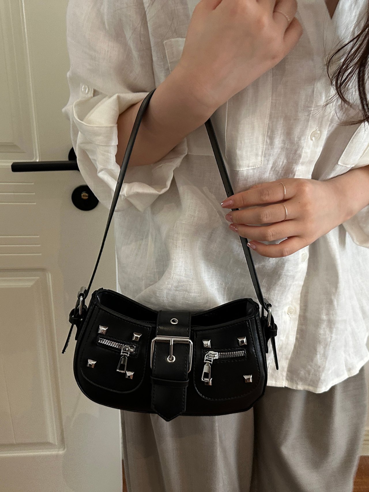 Black Buckle Detail Shoulder Bag