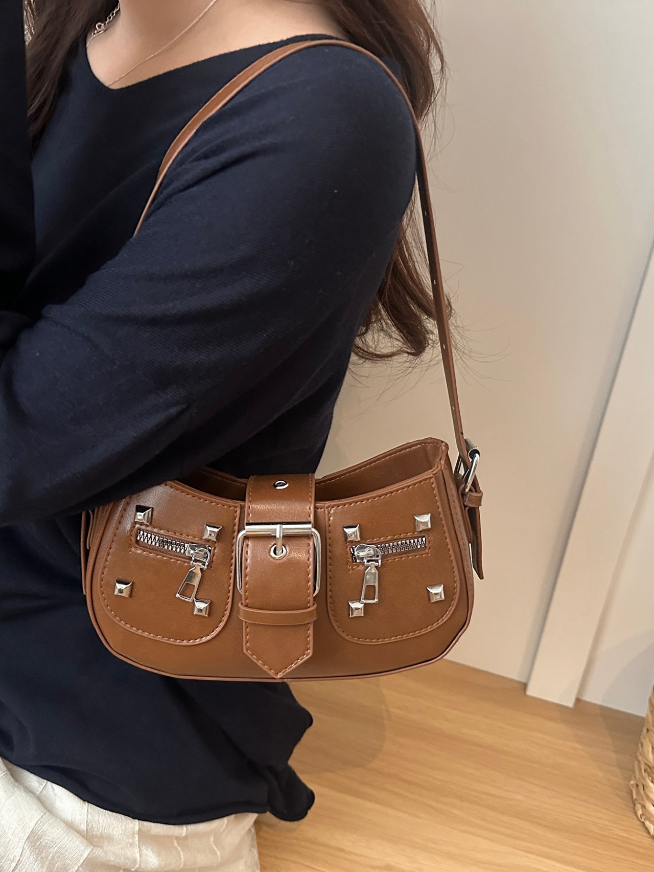Brown Studded Shoulder Bag