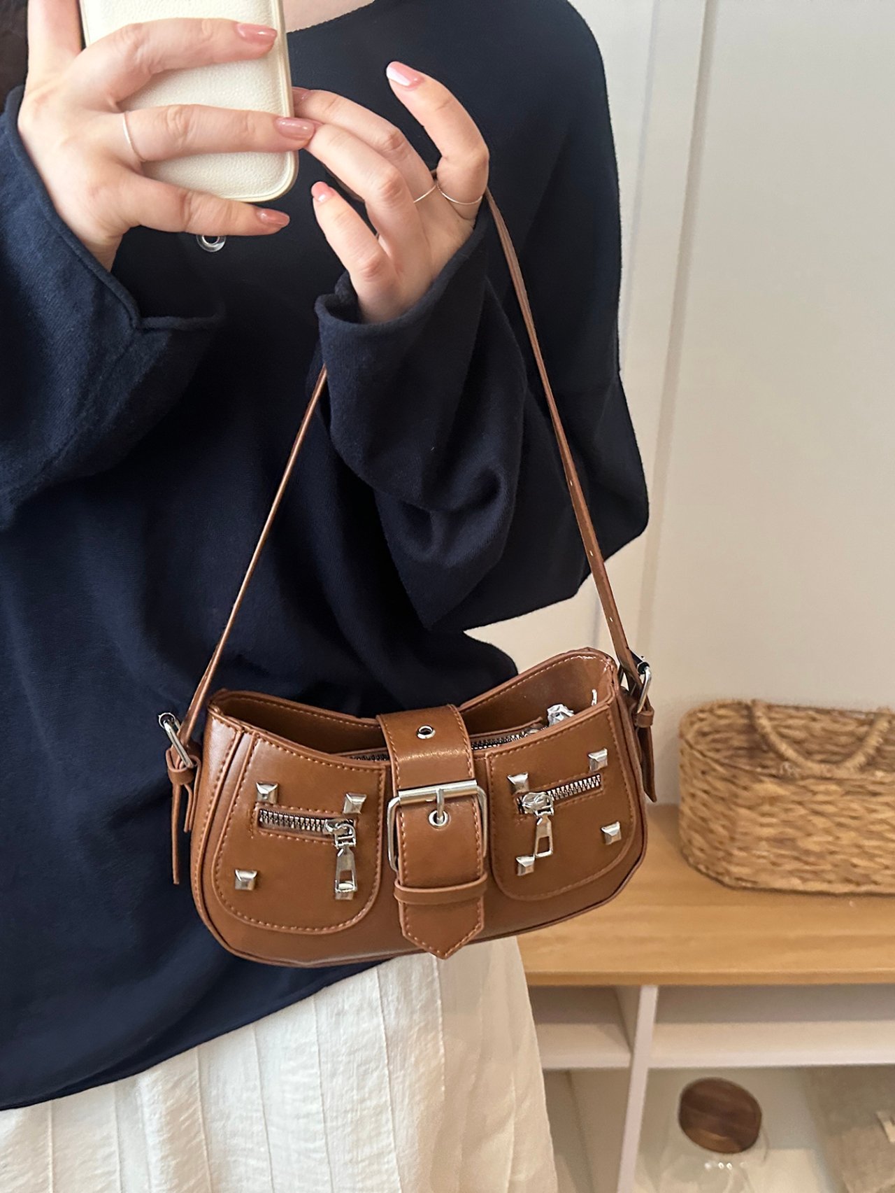 Brown Studded Shoulder Bag