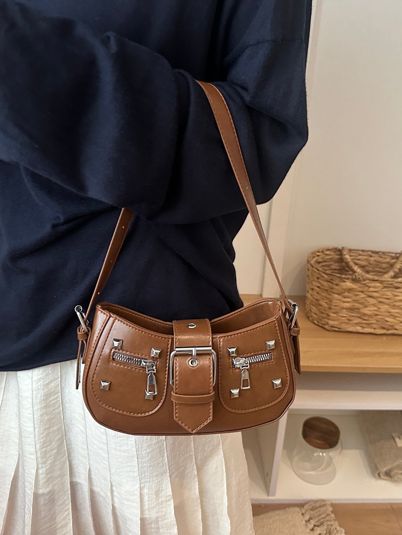 Brown Studded Shoulder Bag
