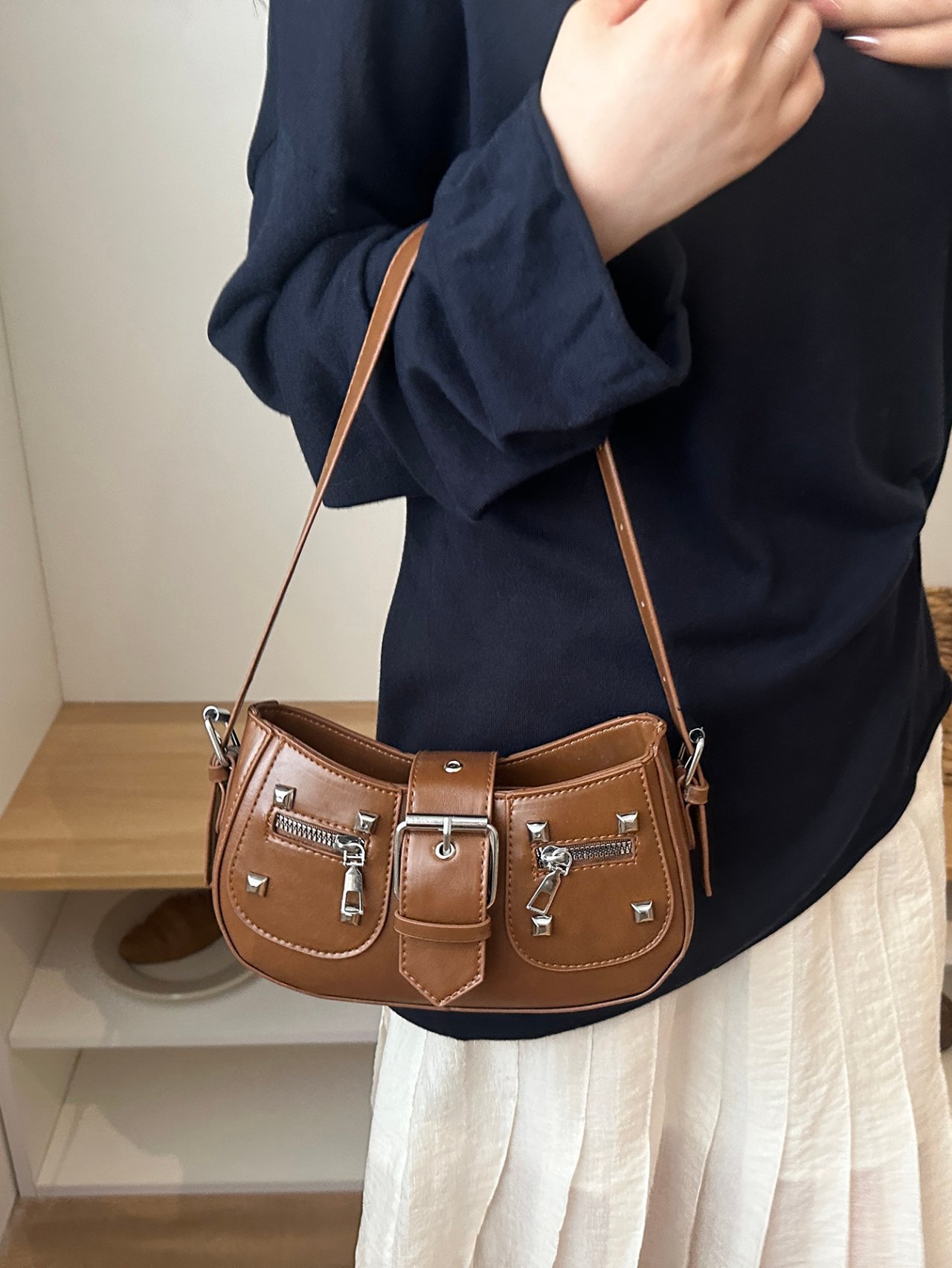Brown Studded Shoulder Bag