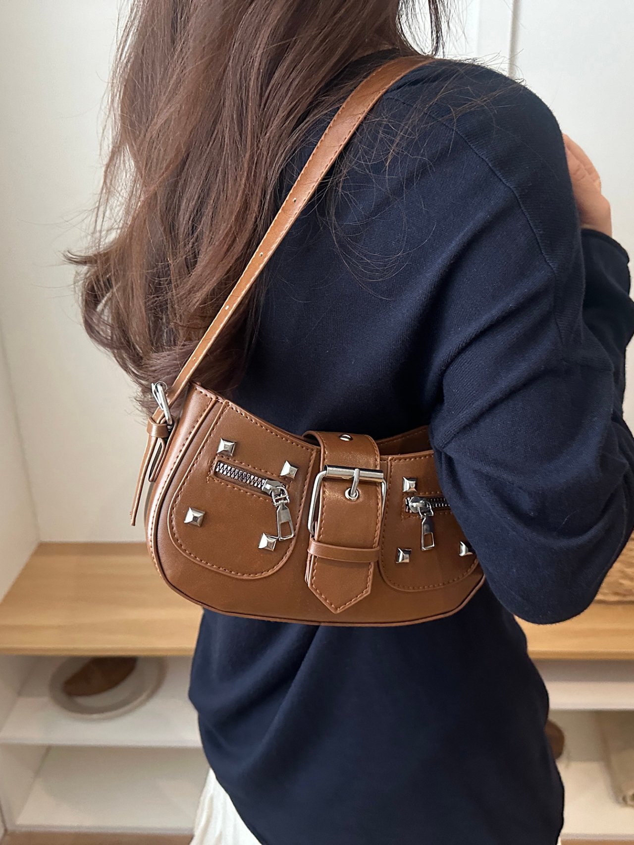 Brown Studded Shoulder Bag