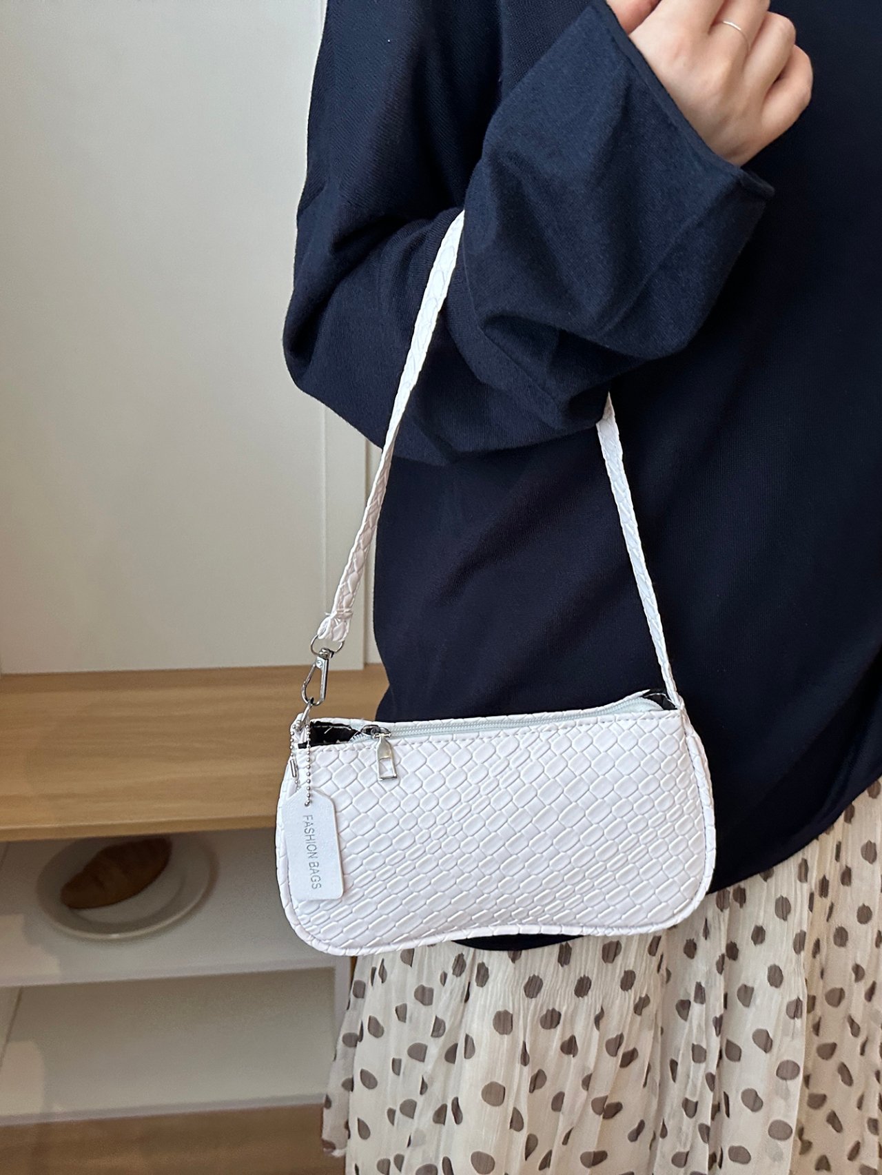 White Embossed Shoulder Bag with Charm