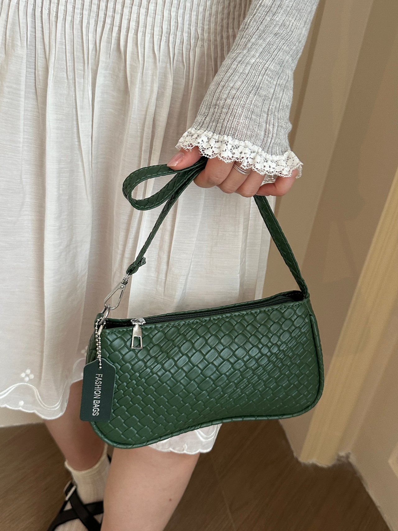 Green Textured Shoulder Bag