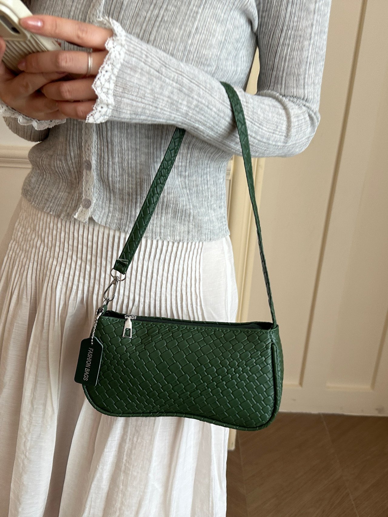 Green Textured Shoulder Bag