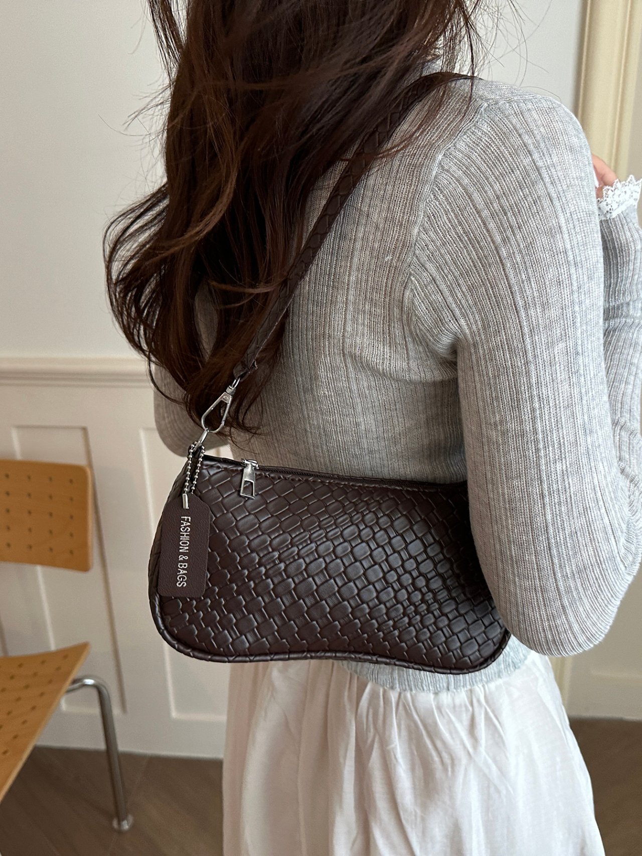 Brown Woven Pattern Shoulder Bag with Charm