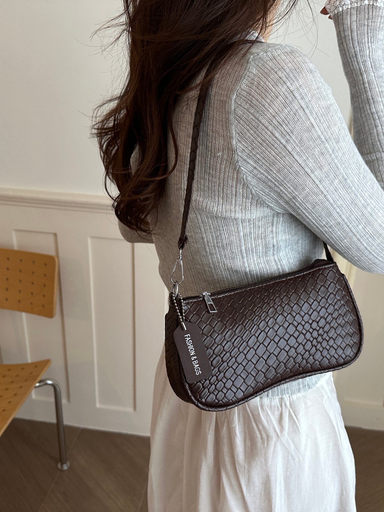 Brown Woven Pattern Shoulder Bag with Charm