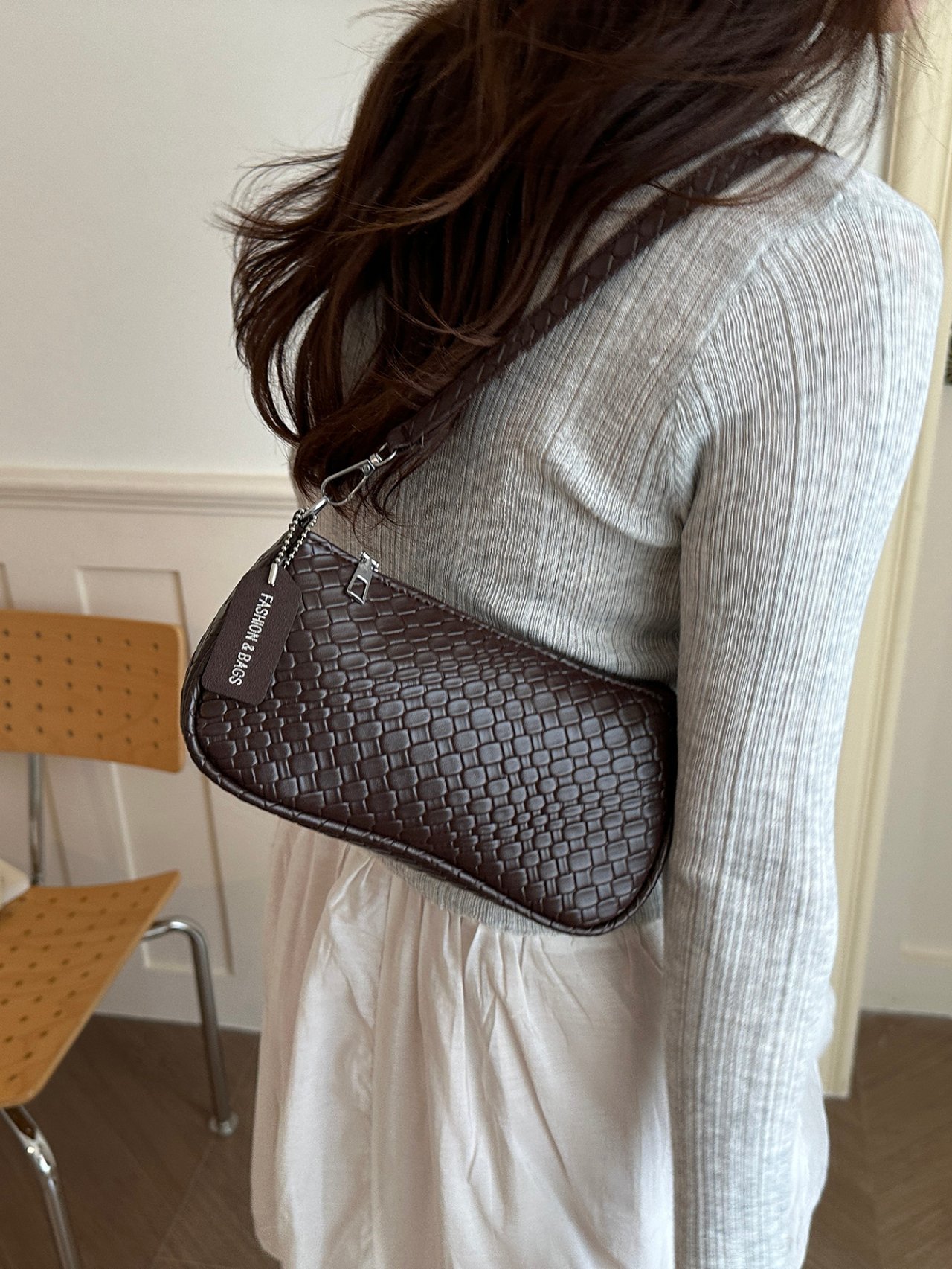 Brown Woven Pattern Shoulder Bag with Charm