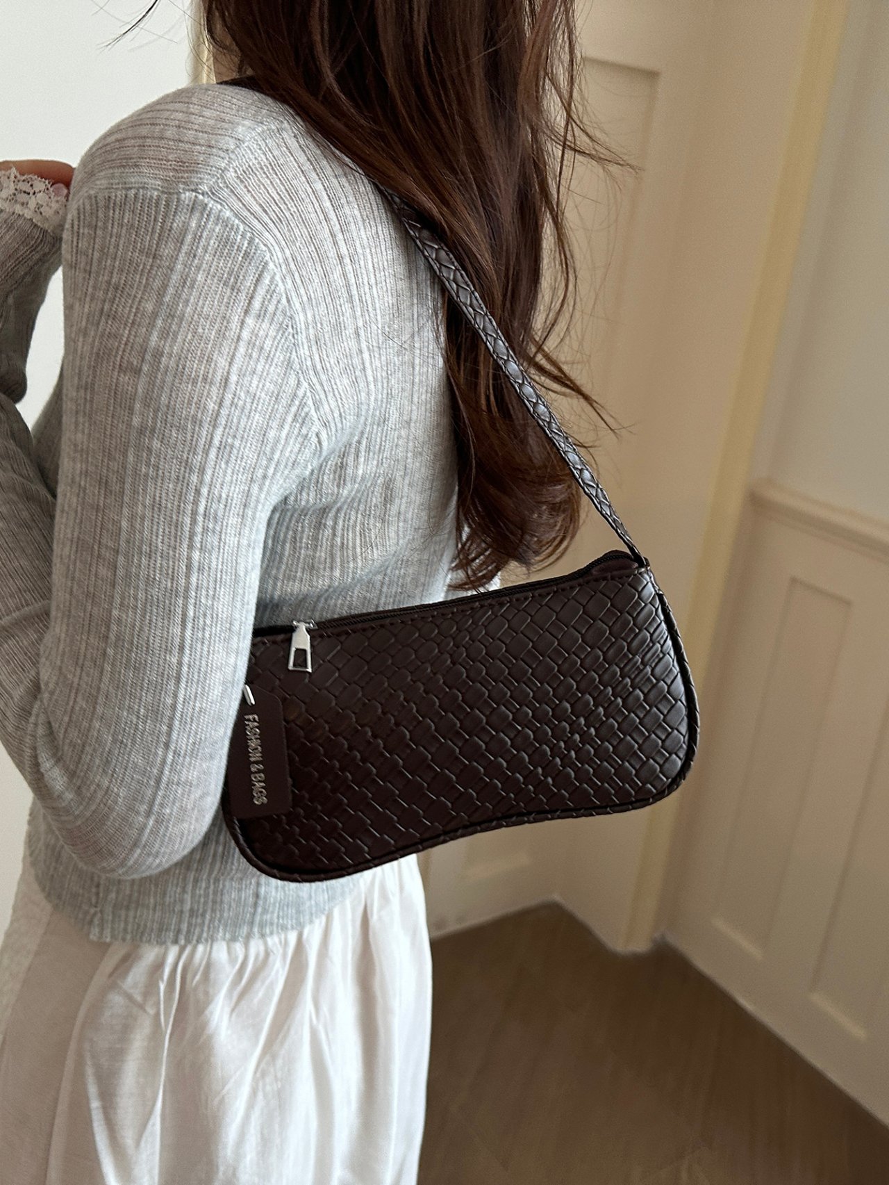 Brown Woven Pattern Shoulder Bag with Charm