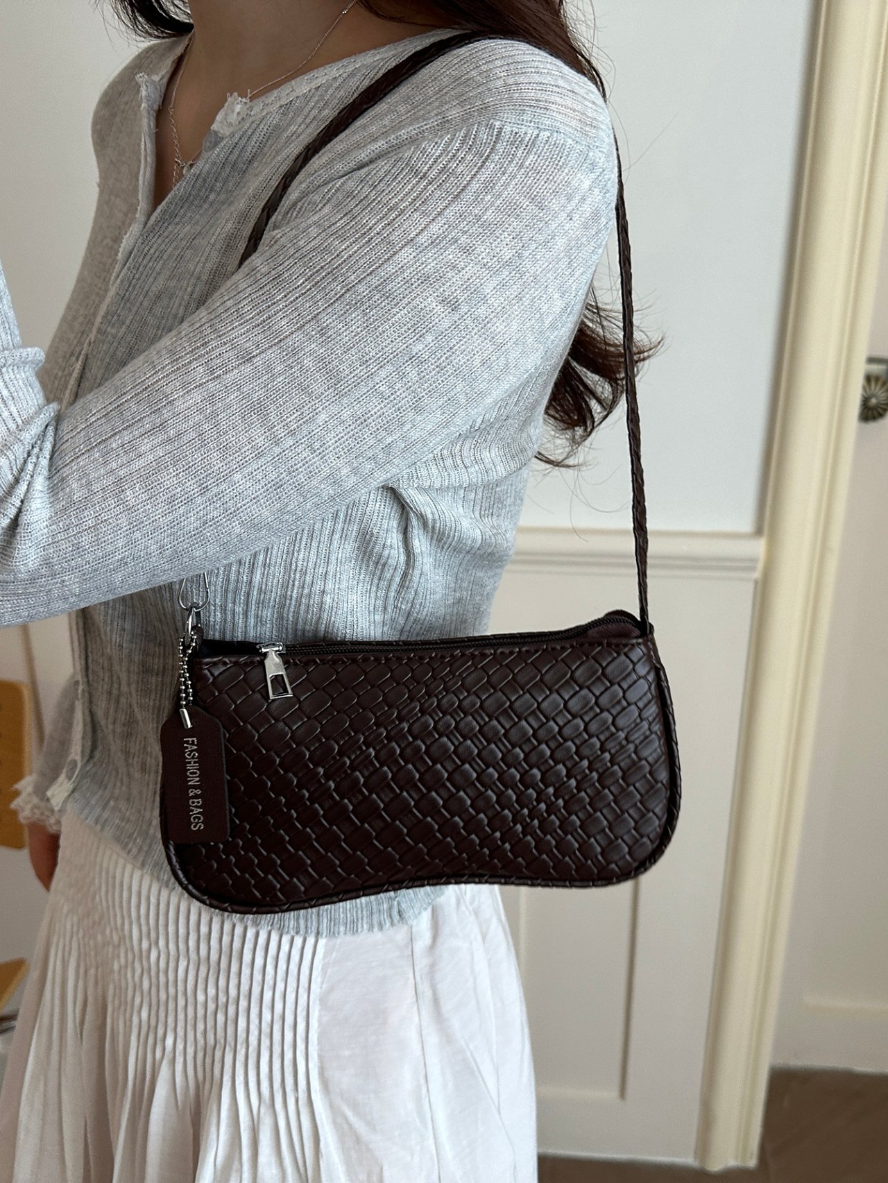 Brown Woven Pattern Shoulder Bag with Charm