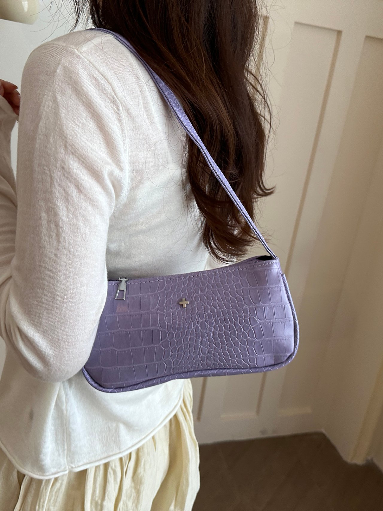 Lilac Crocodile-Embossed Shoulder Bag