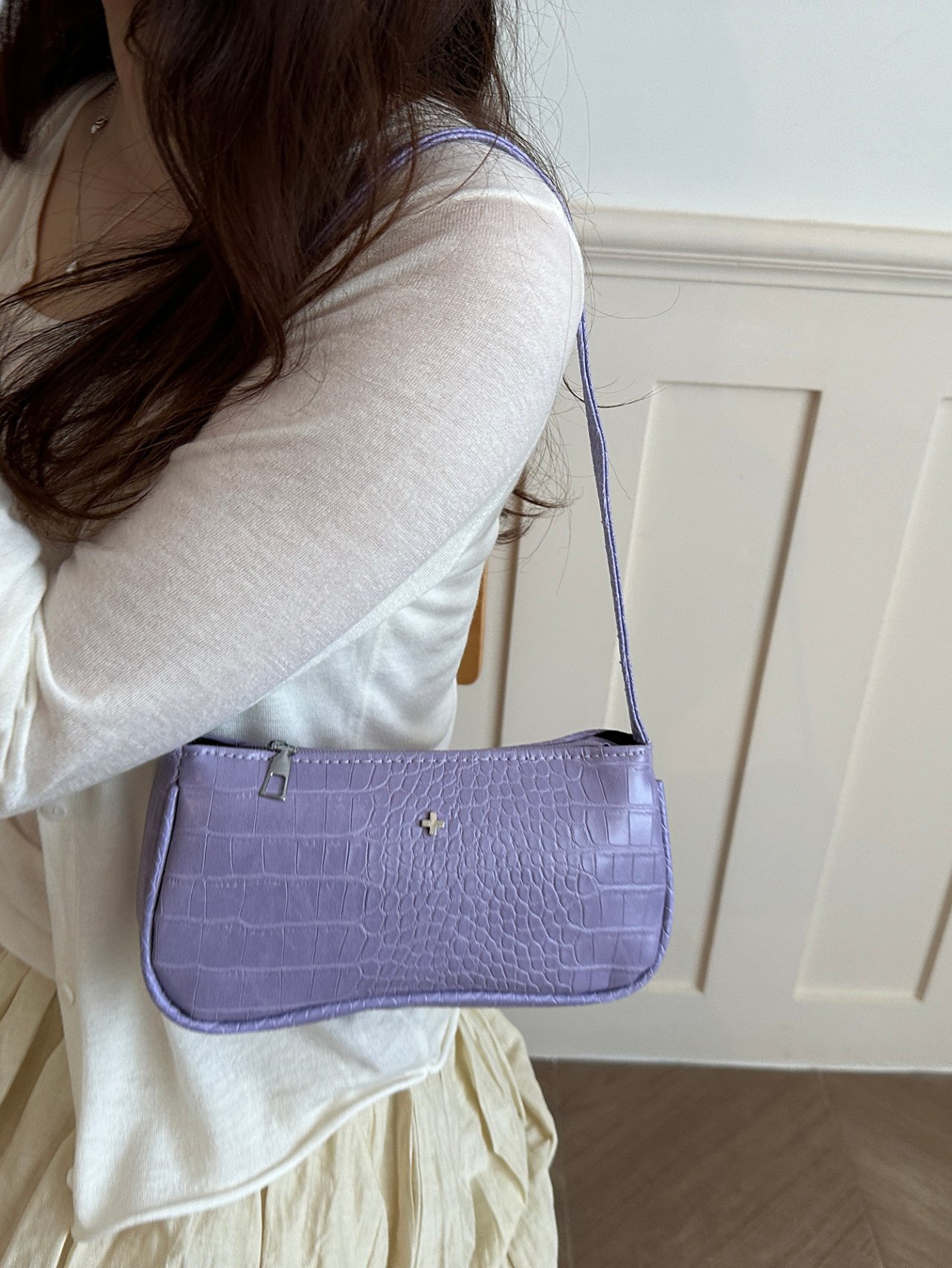 Lilac Crocodile-Embossed Shoulder Bag