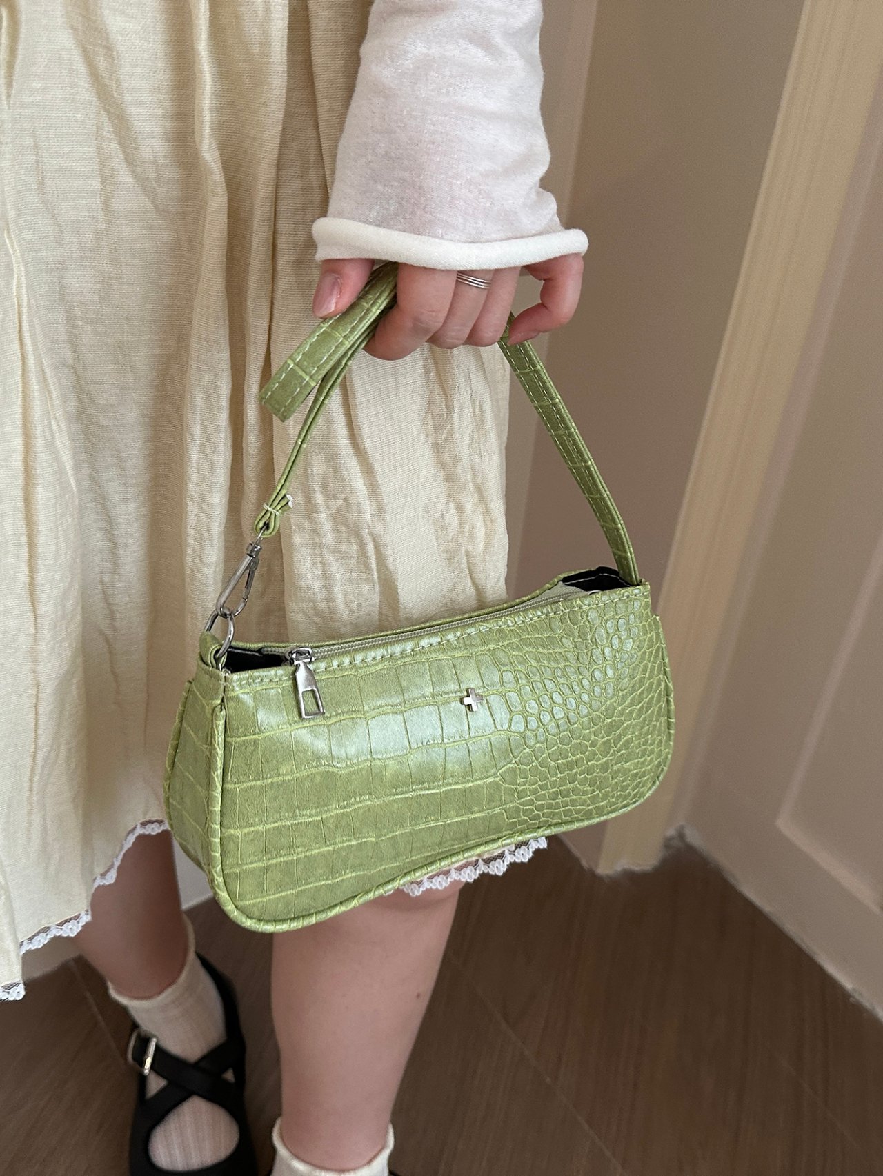 Green Croc-Embossed Shoulder Bag