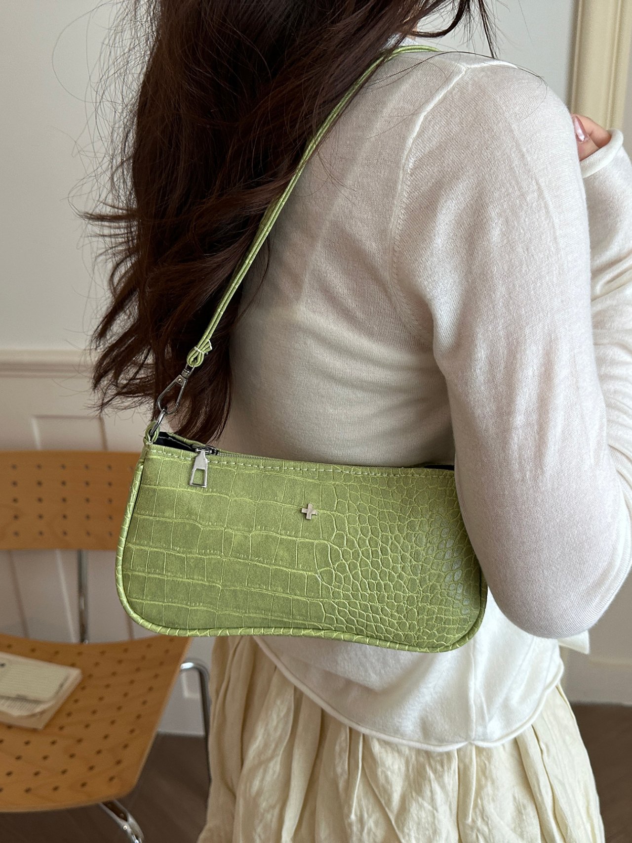 Green Croc-Embossed Shoulder Bag