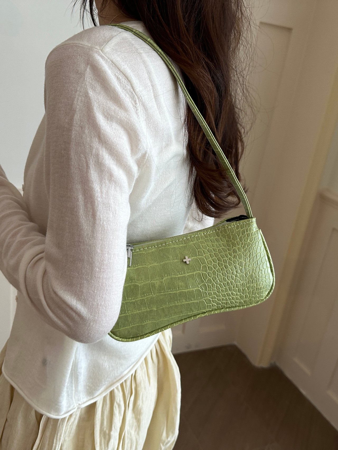 Green Croc-Embossed Shoulder Bag