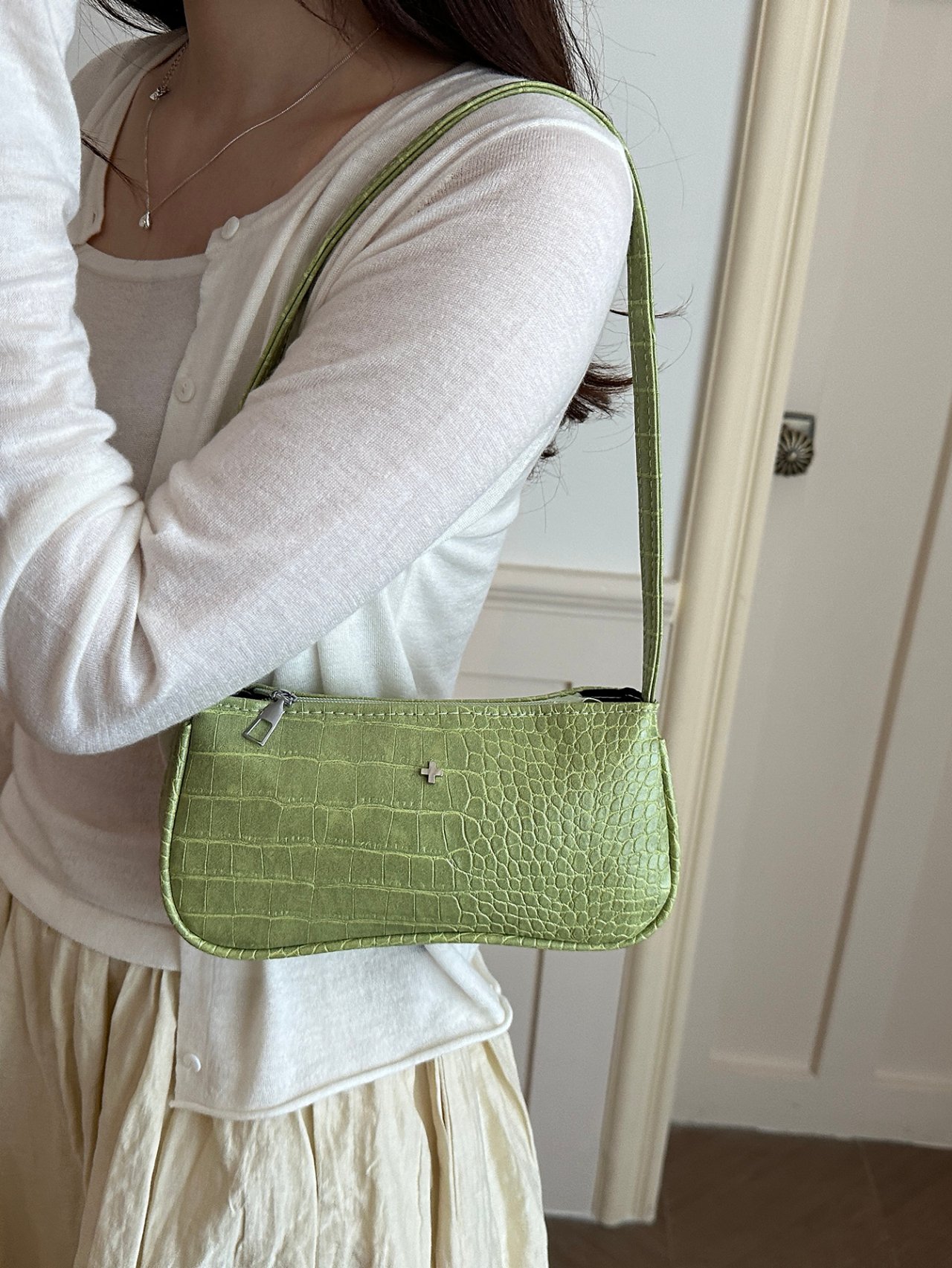 Green Croc-Embossed Shoulder Bag