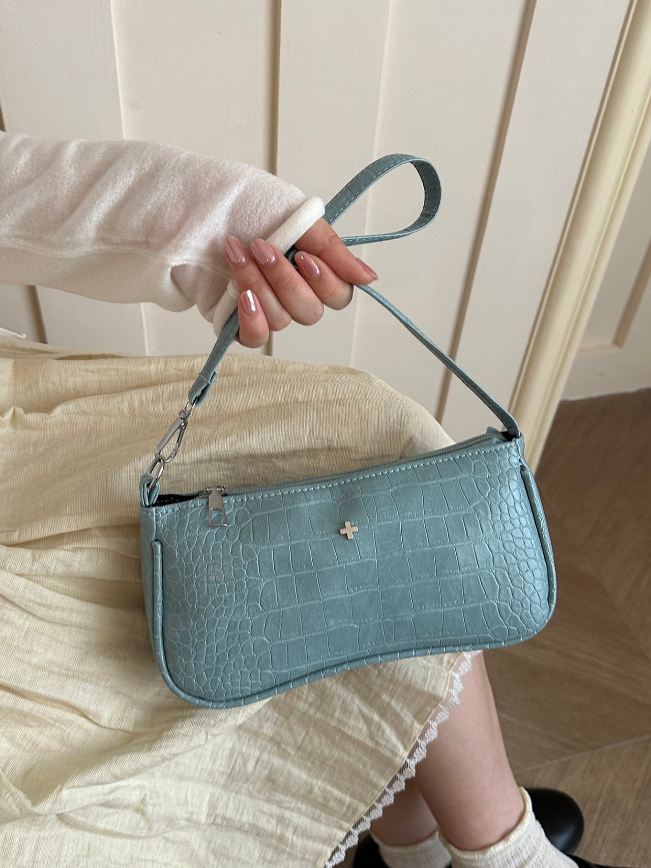 Croc-Embossed Blue Shoulder Bag