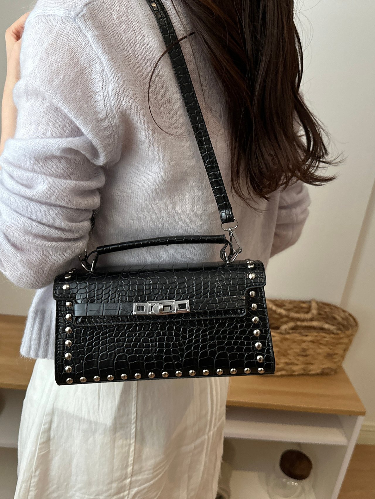 Black Croc-Embossed Studded Crossbody Bag