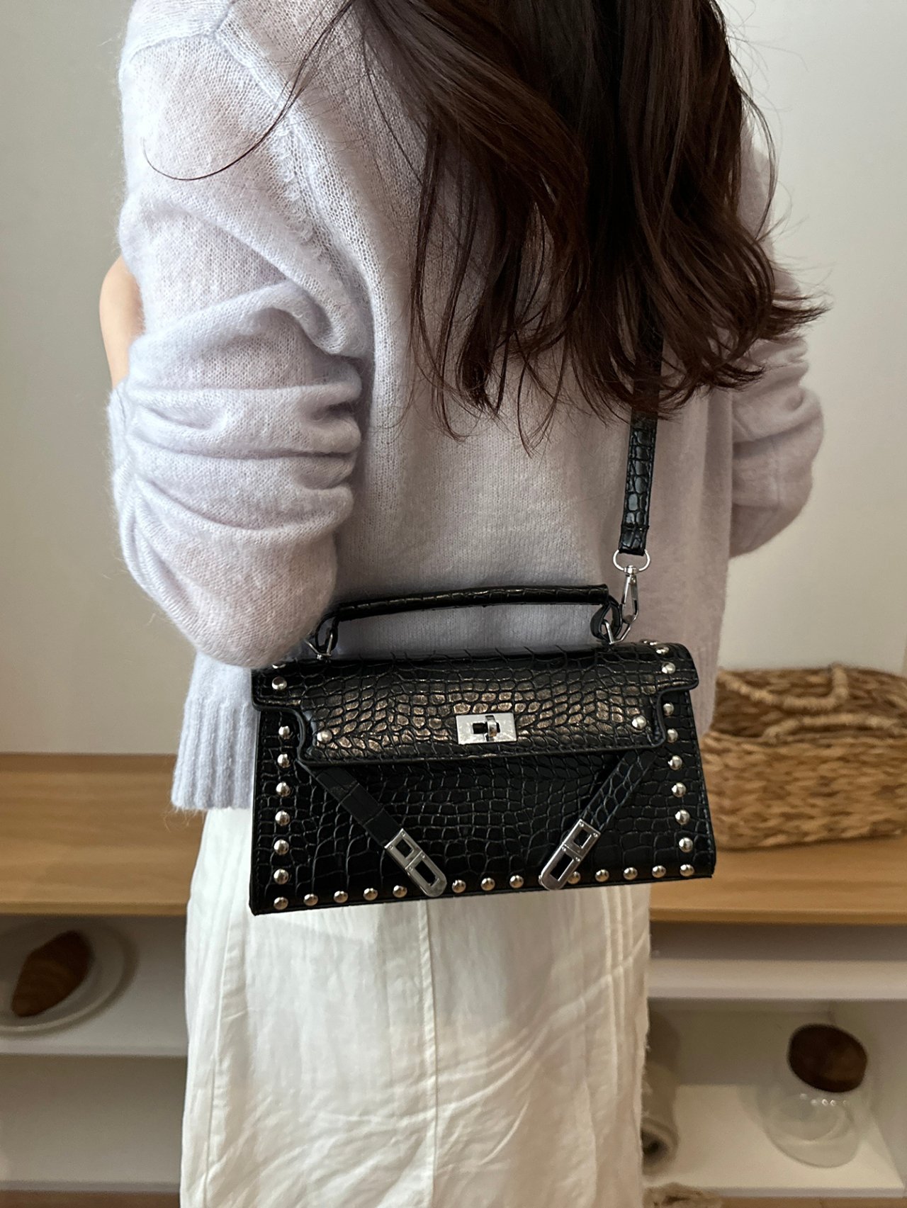 Black Croc-Embossed Studded Crossbody Bag