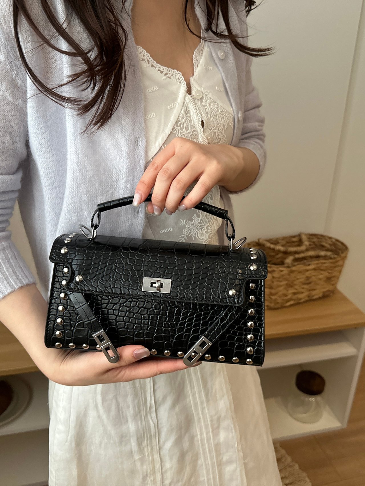 Black Croc-Embossed Studded Crossbody Bag