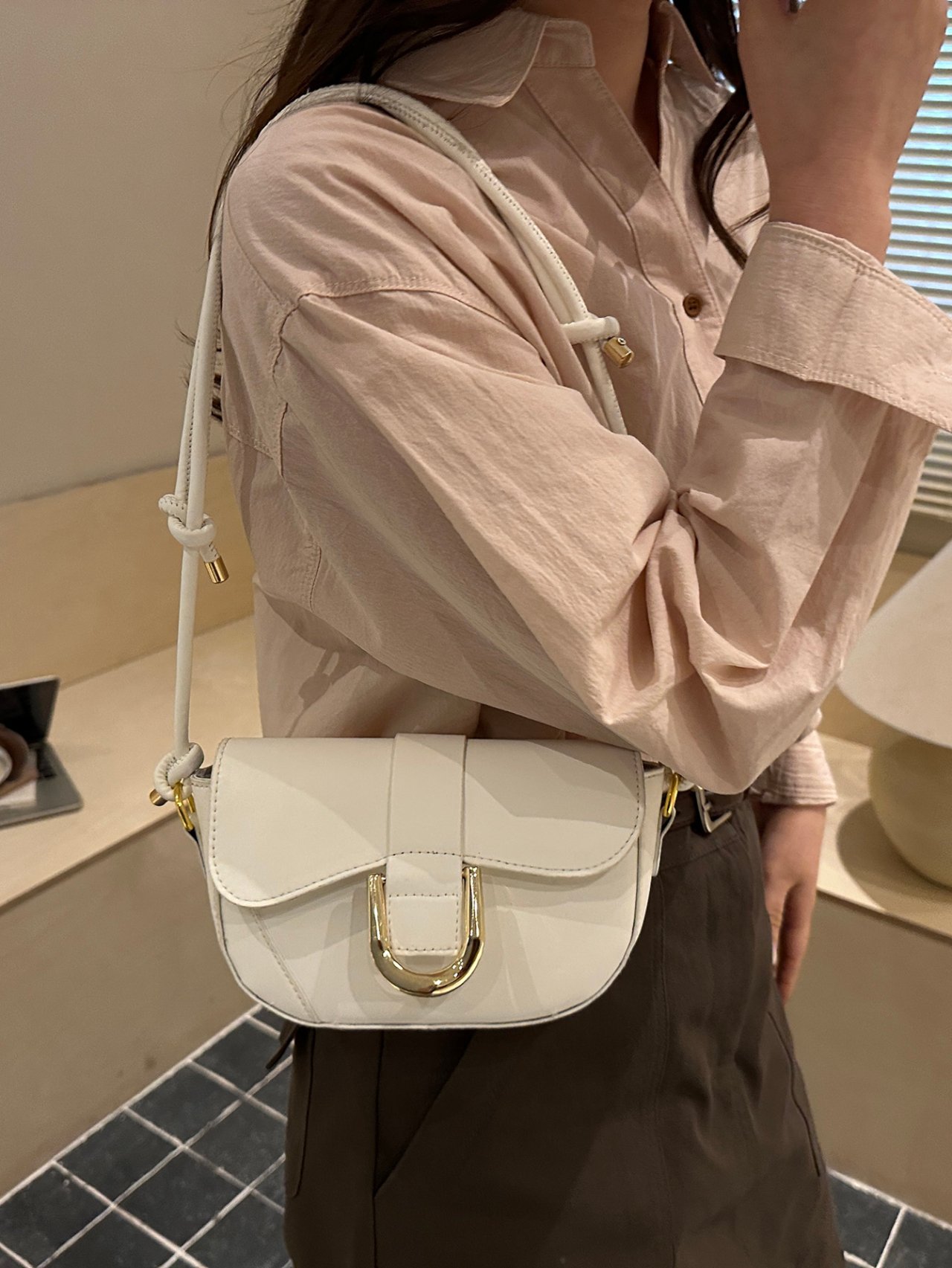 Off-White Shoulder Bag with Gold Buckle