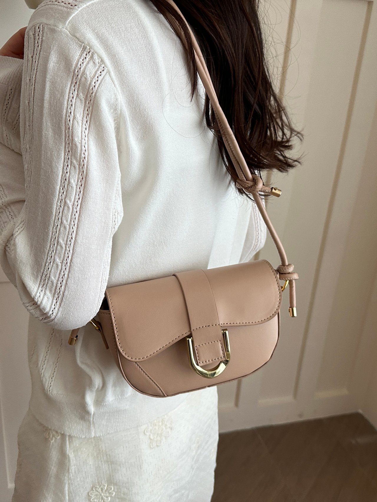 Beige Shoulder Bag with Gold Buckle