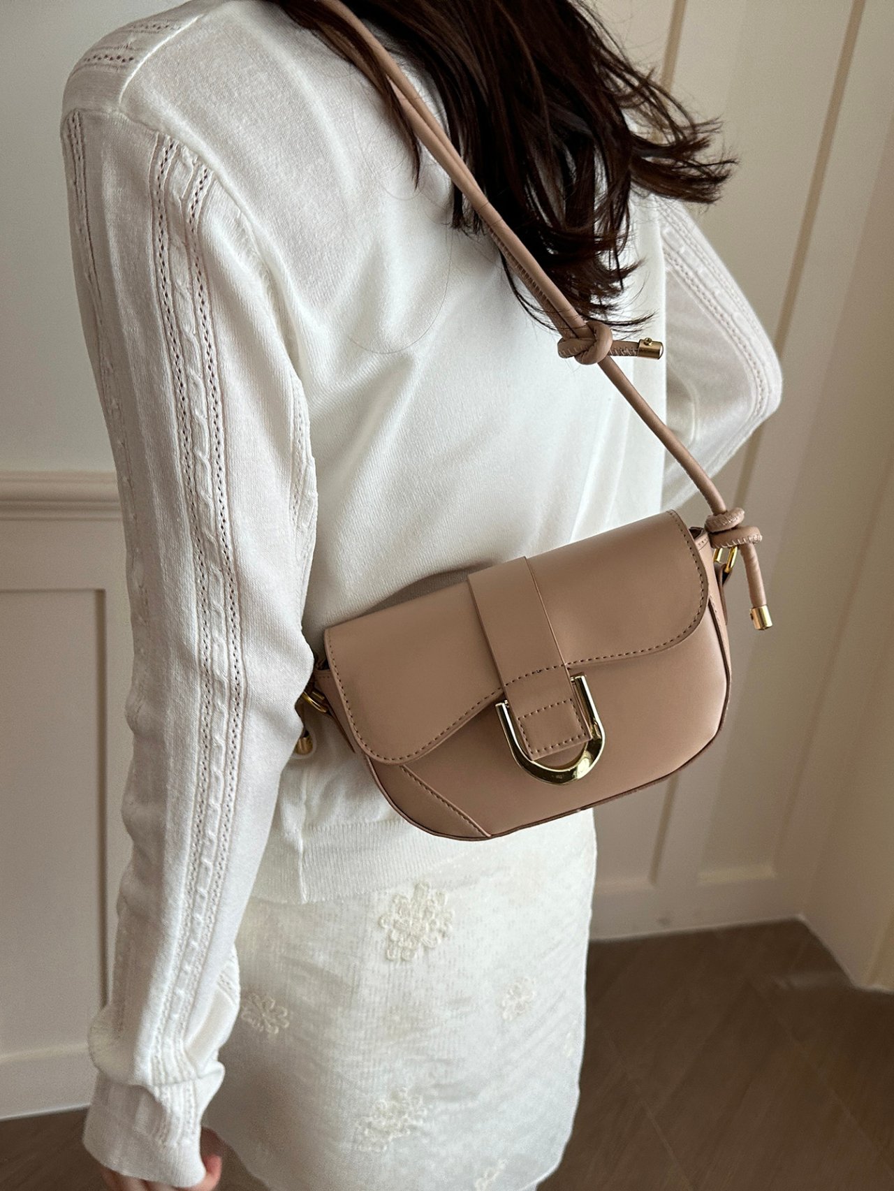 Beige Shoulder Bag with Gold Buckle