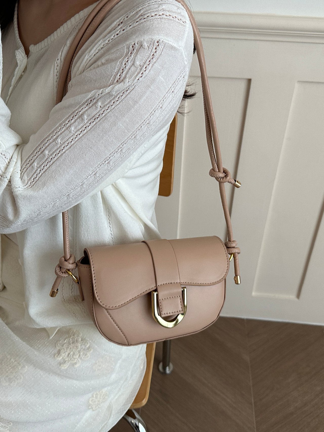 Beige Shoulder Bag with Gold Buckle