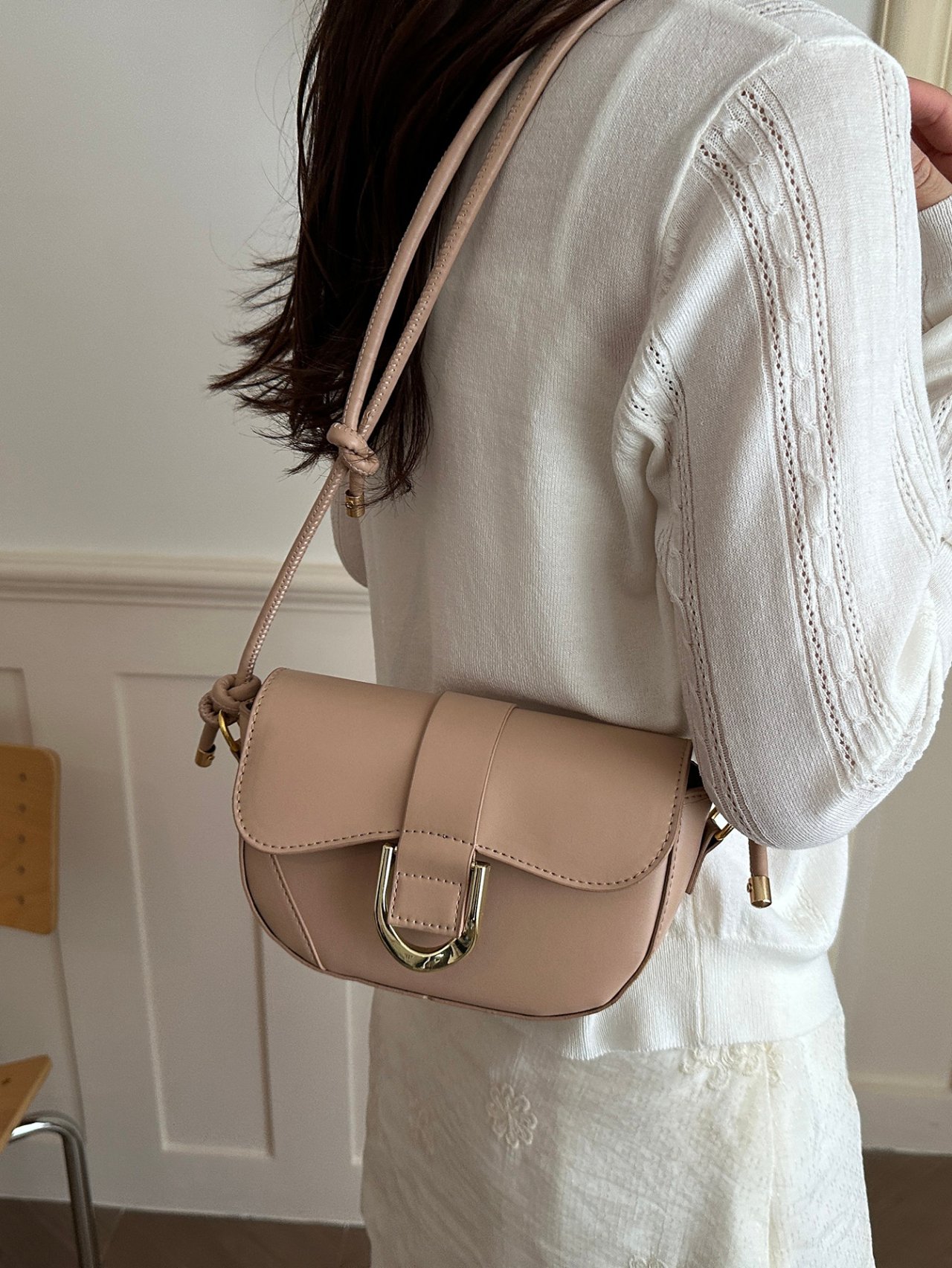 Beige Shoulder Bag with Gold Buckle