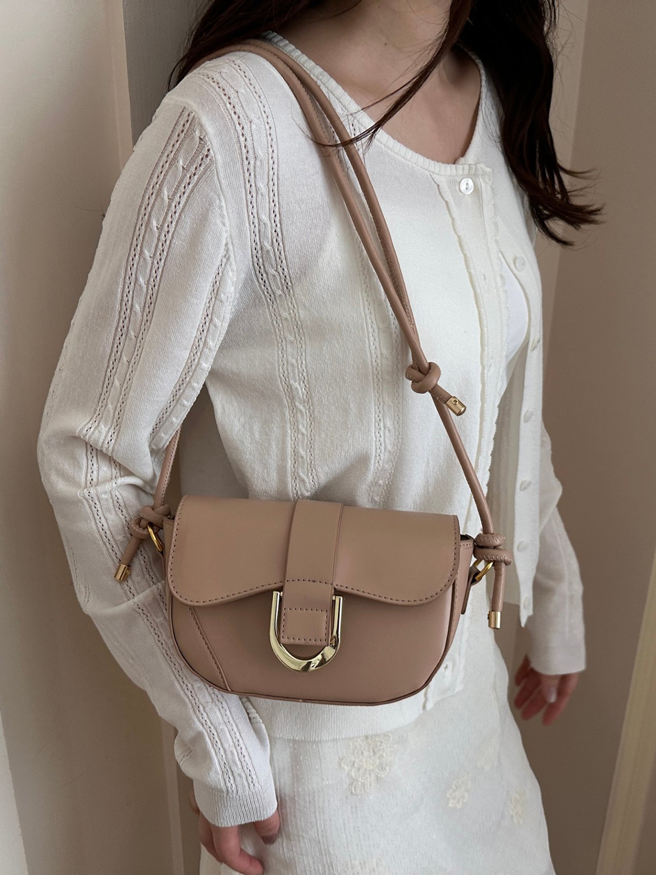 Beige Shoulder Bag with Gold Buckle