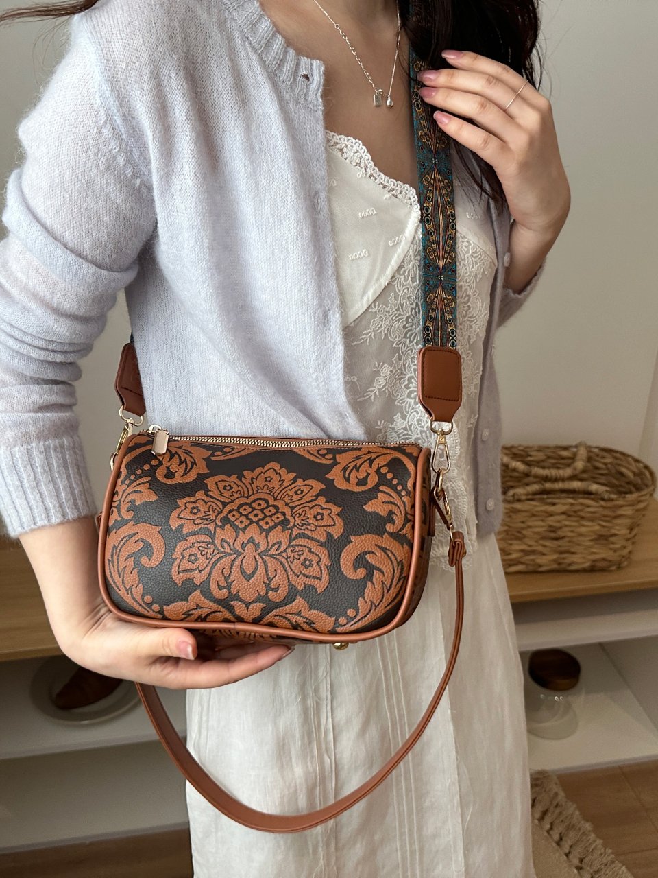 Brown Floral Pattern Crossbody Bag
