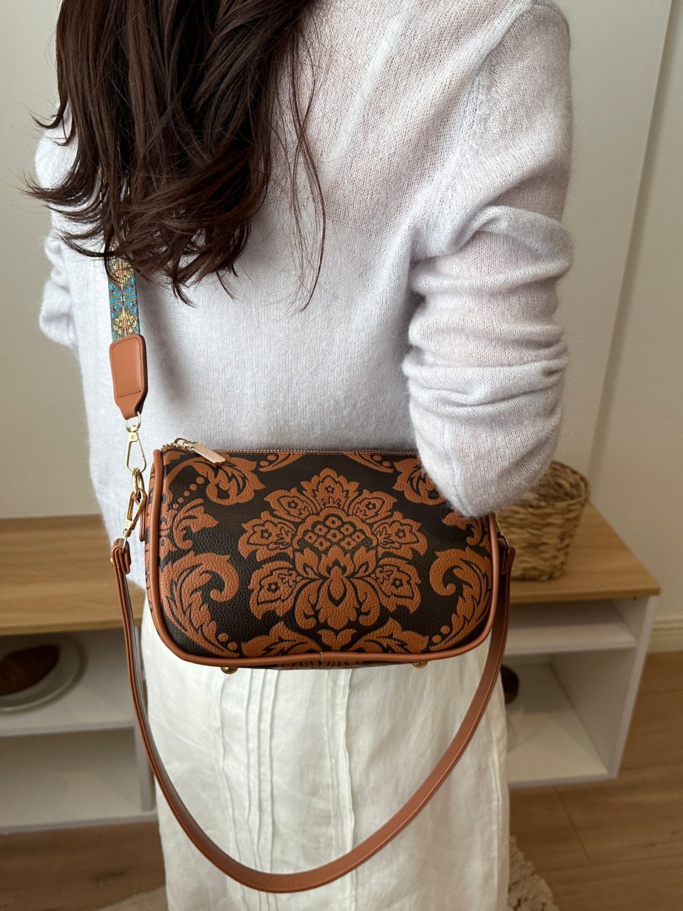 Brown Floral Pattern Crossbody Bag