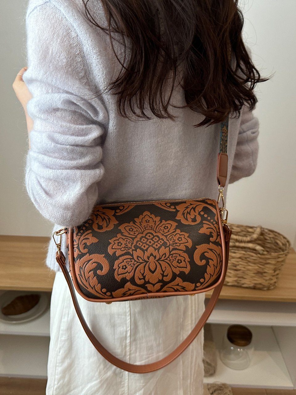 Brown Floral Pattern Crossbody Bag