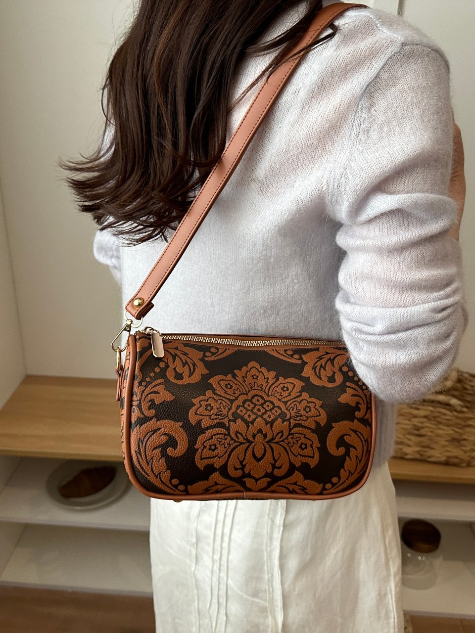 Brown Floral Pattern Crossbody Bag