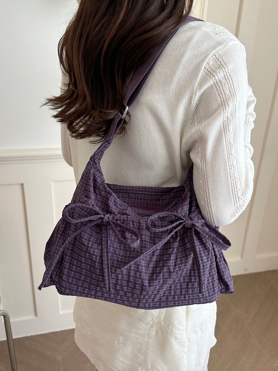 Purple Gingham Shoulder Bag with Bow Details