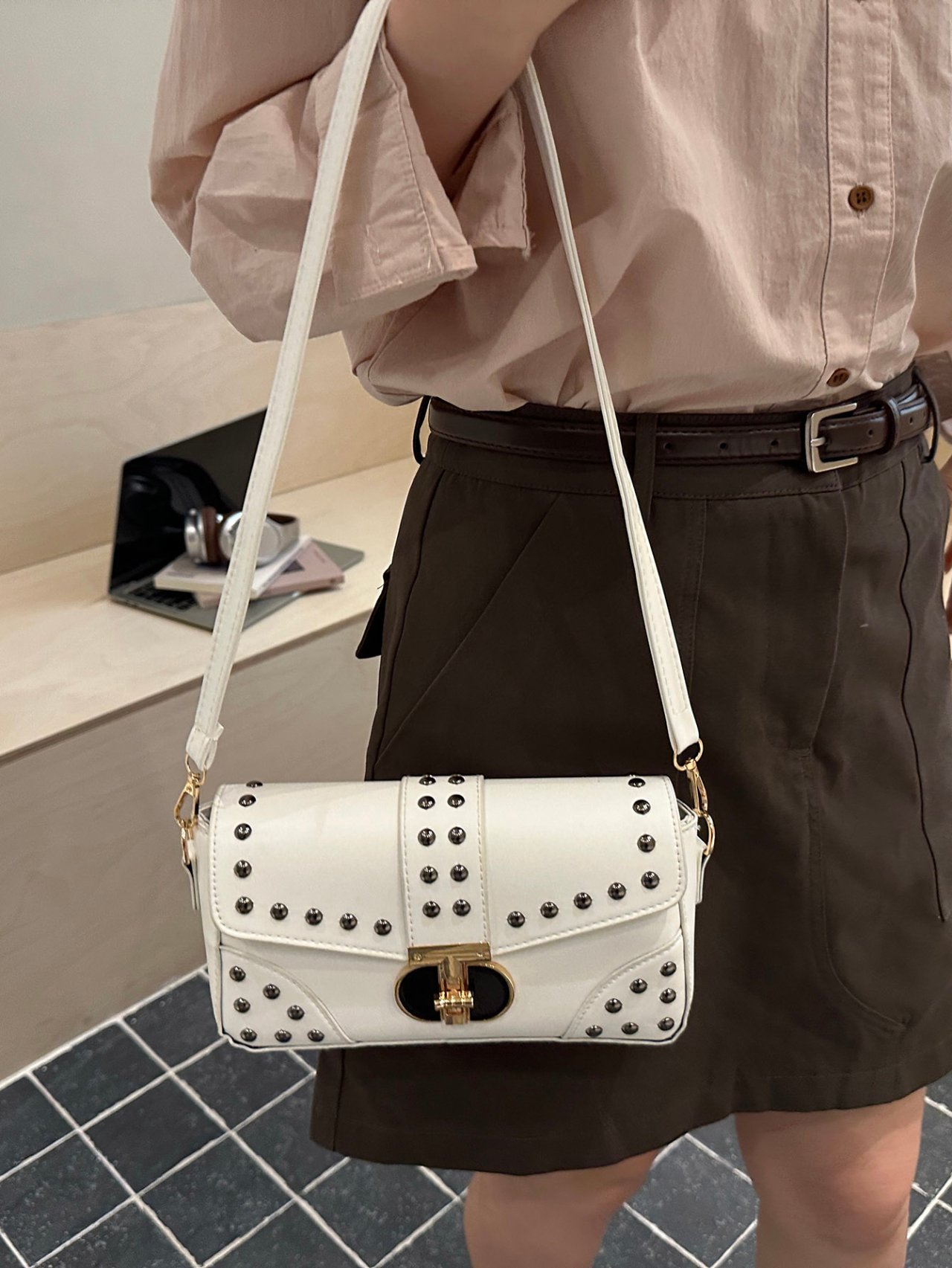 White Studded Shoulder Bag 