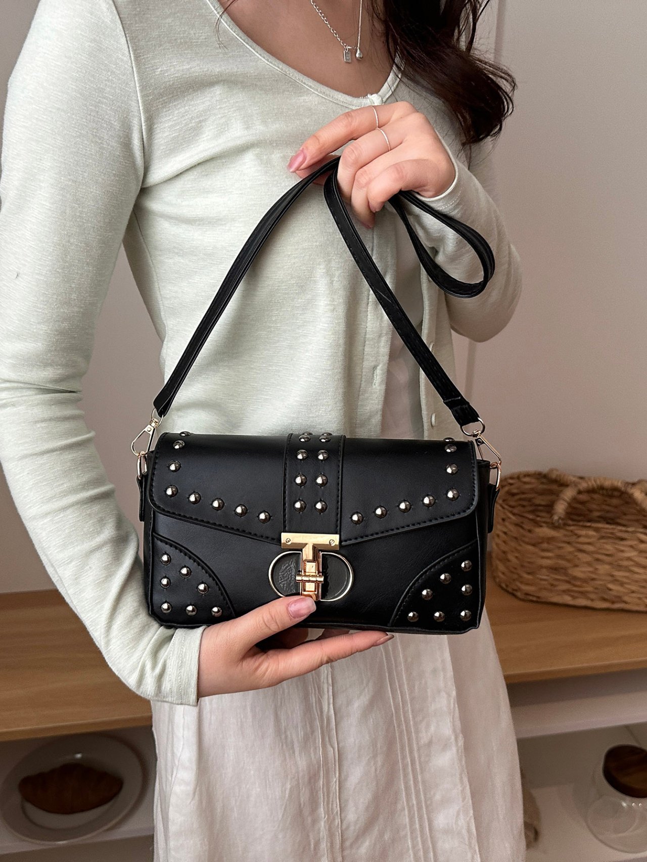 Studded Black Shoulder Bag with Gold Hardware