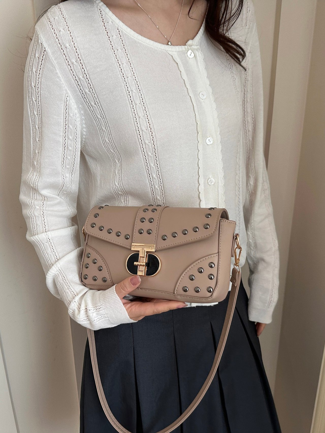 Beige Studded Shoulder Bag