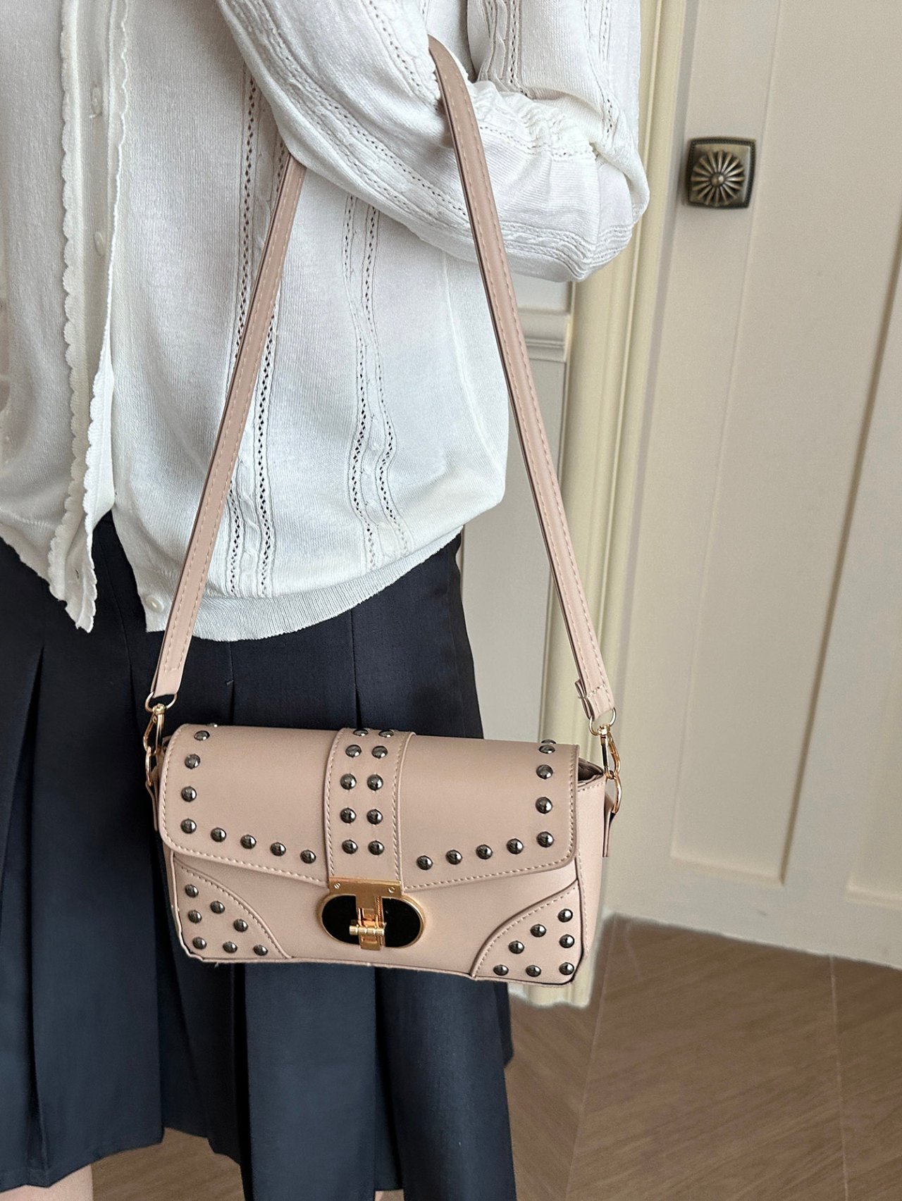Beige Studded Shoulder Bag
