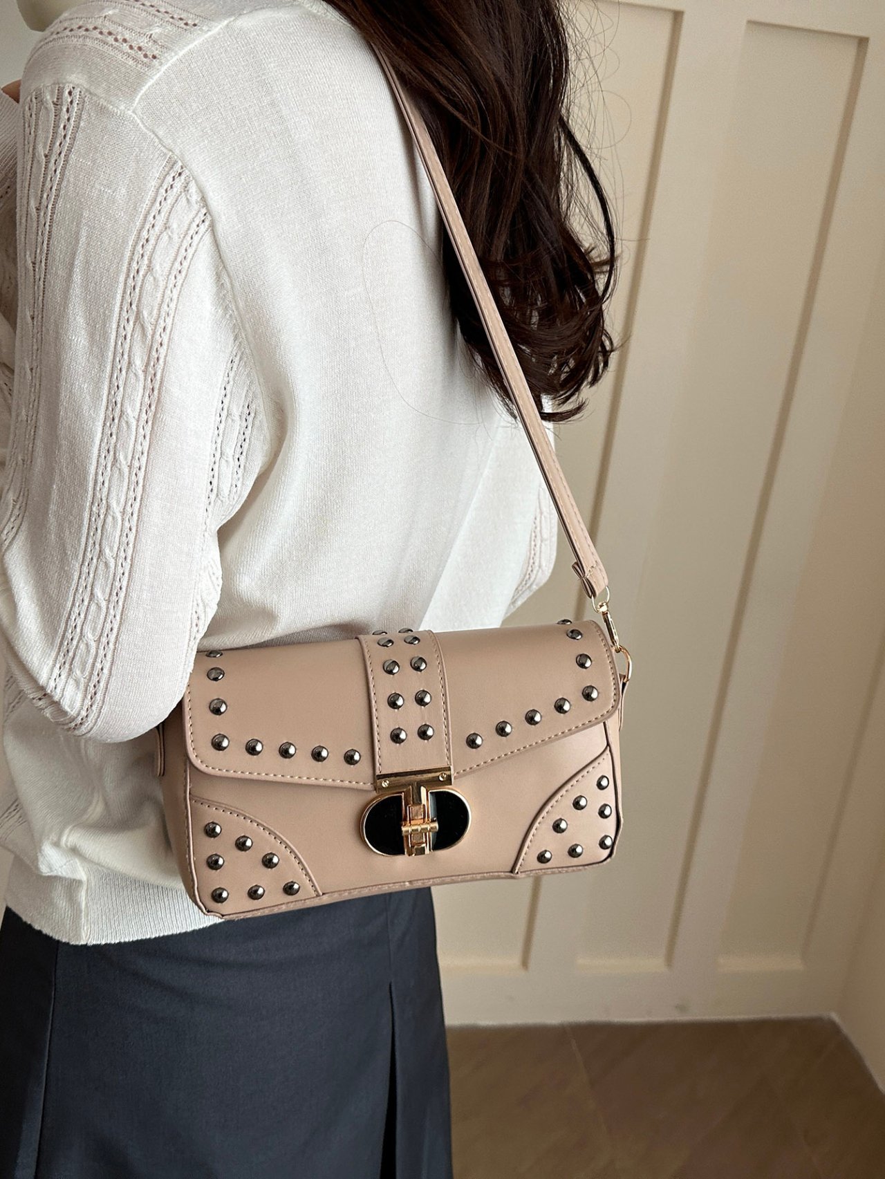 Beige Studded Shoulder Bag
