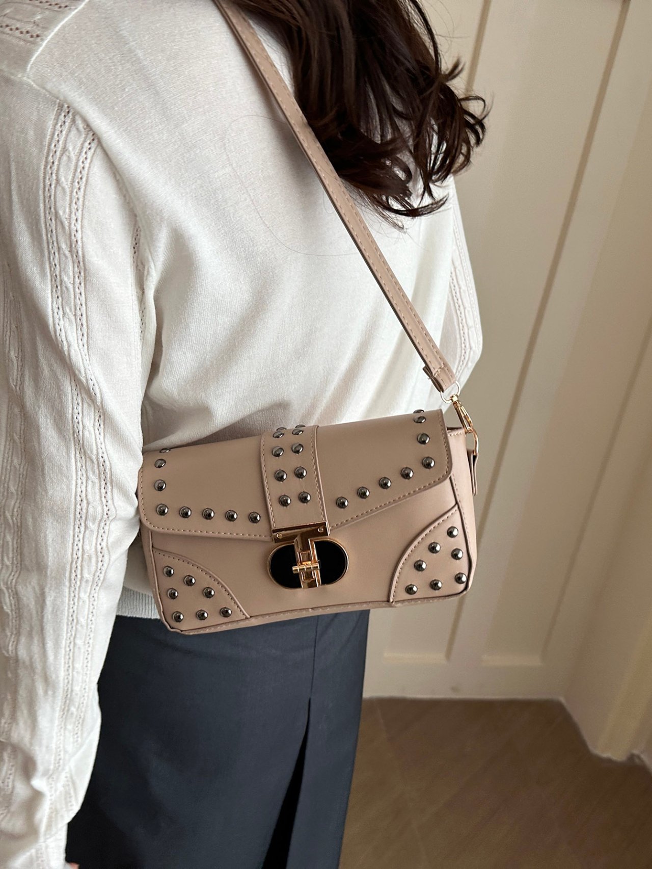 Beige Studded Shoulder Bag